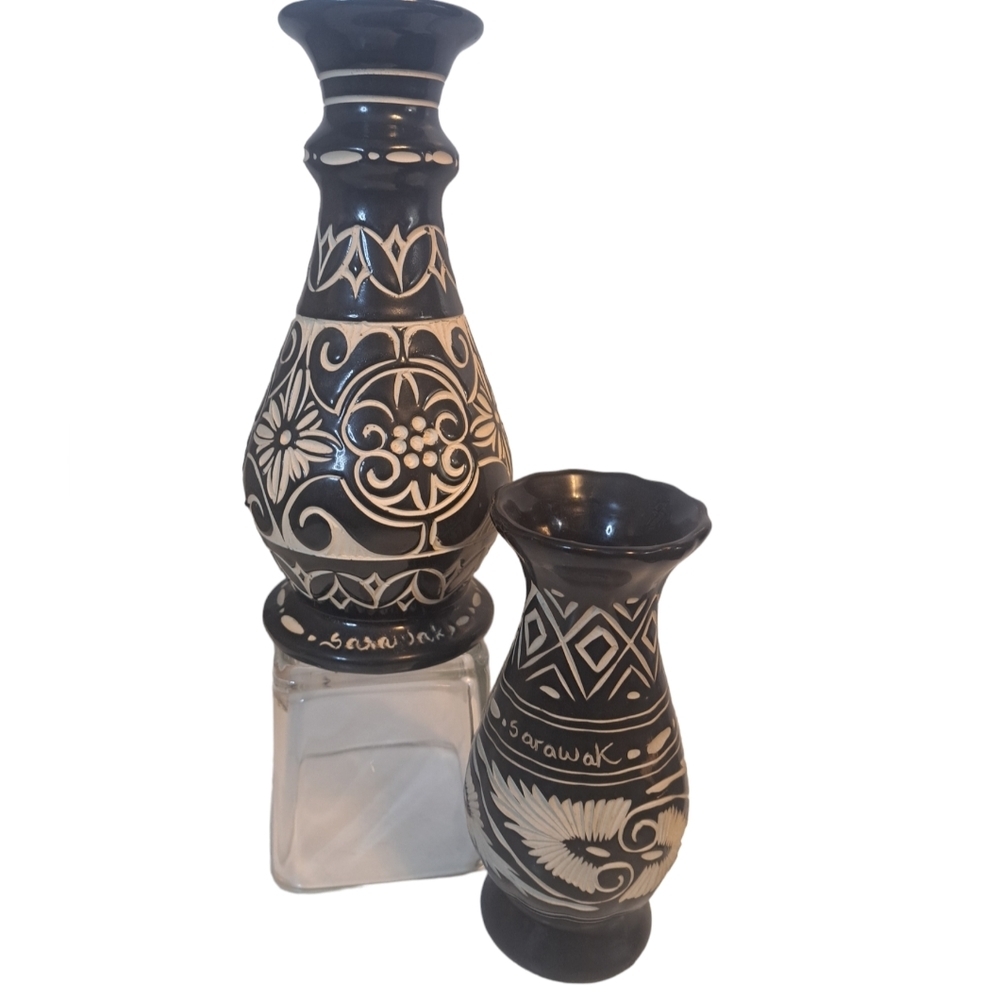 Hand Carved Glazed Pottery Vintage Vase of the Sarawak Tribe Malaysia Unique Art